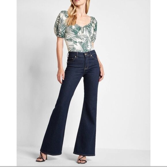 Express Palm Print Eyelet Puff Sleeve Tie Neck Thong Bodysuit Size XL - Picture 3 of 9